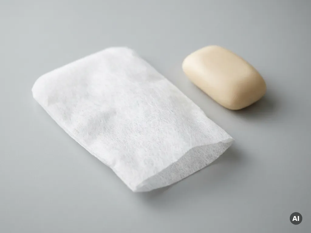 Wegwerpbare witte niet-geweven washandschoen naast een stuk zeep op een lichtgrijze ondergrond.