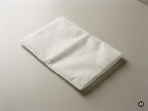 Wegwerp washandschoen van wit non-woven materiaal op lichtgrijze ondergrond, zachte geweven textuur zichtbaar.
