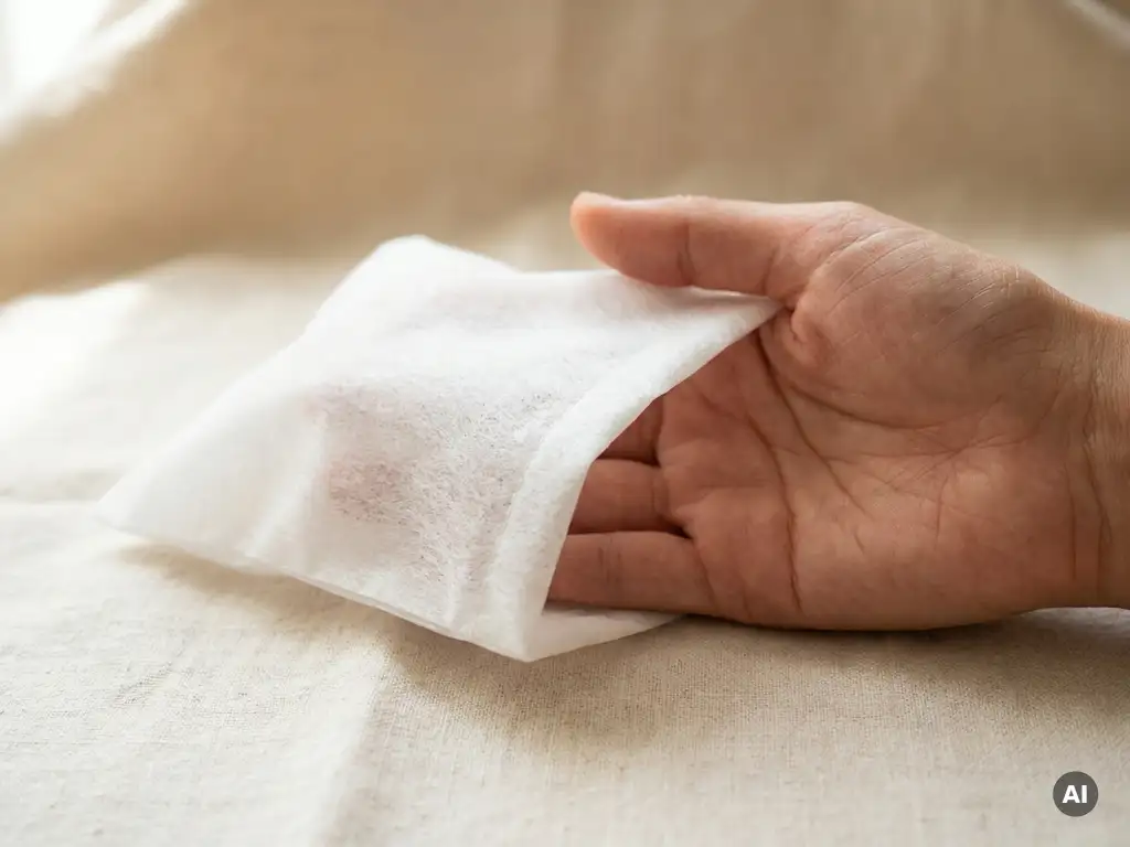 Wegwerp-washandschoen van wit nonwoven materiaal op een open handpalm, tegen een warme linnen ondergrond.