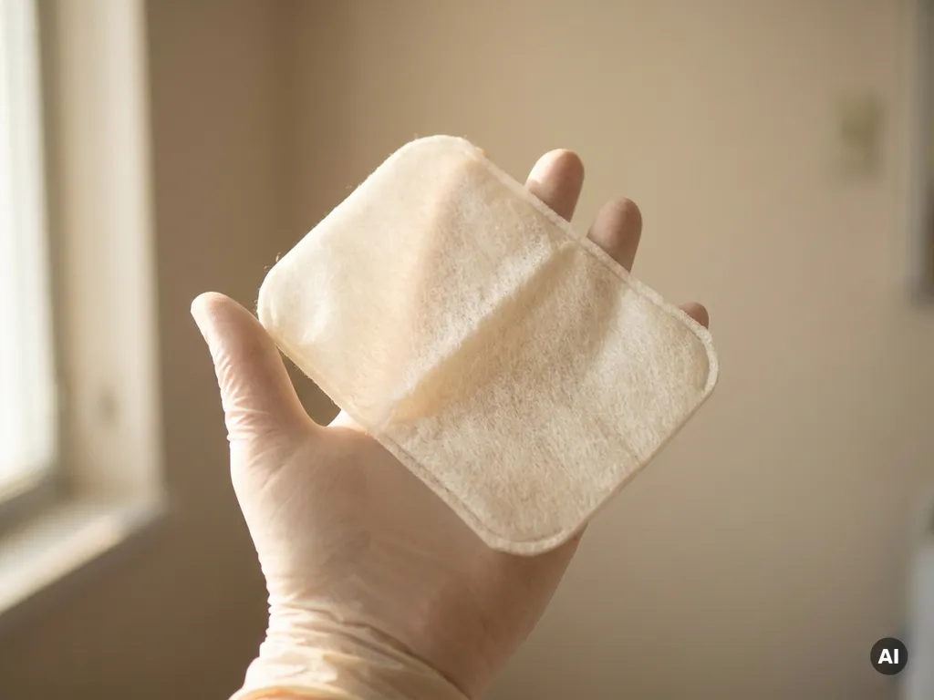 Wegwerpwashand van niet-geweven stof op de handpalm van een zorgverlener, zachte witte kleur, hygiënisch en professioneel.