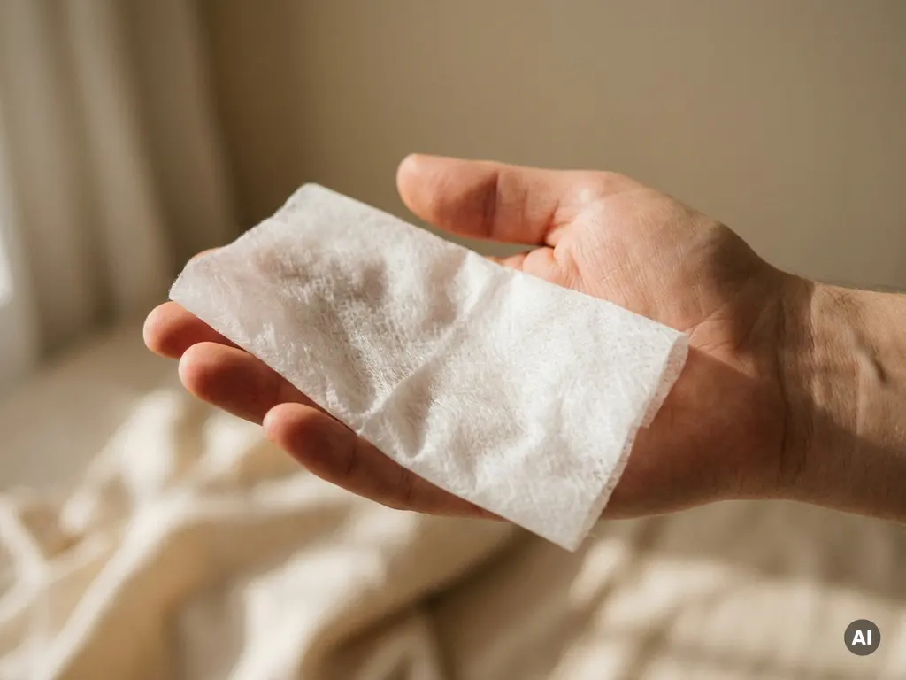Disposable washand van niet-geweven stof liggend op een open handpalm, licht vochtig, in warme witte tinten.