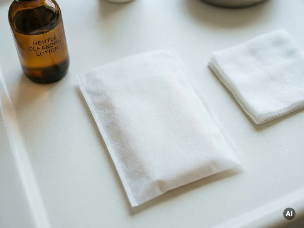 Witte nonwoven reinigingszak naast een amber glazen flesje reinigingslotion en gevouwen gaasje op klinisch witte ondergrond.