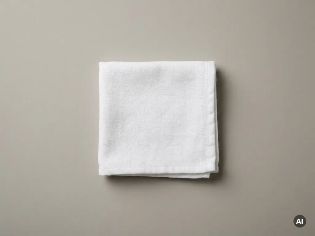 Wit katoenen washandje netjes gevouwen op een lichtgrijze ondergrond, met zichtbare stofstructuur en scherpe randen.