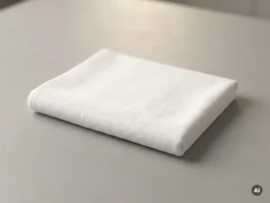Netjes gevouwen witte washand op een lichtgrijze ondergrond, met zichtbare katoenen weefstructuur en scherpe randen.