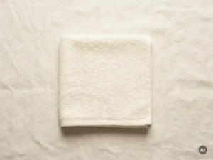 Gevouwen witte washand op neutraal linnen ondergrond, gefotografeerd van bovenaf met zacht diffuus licht.
