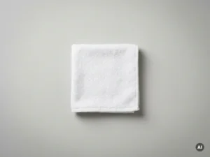 Gevouwen witte washand op lichtgrijs oppervlak, zachte katoenen textuur zichtbaar, gebruikt voor patiënthygiëne.