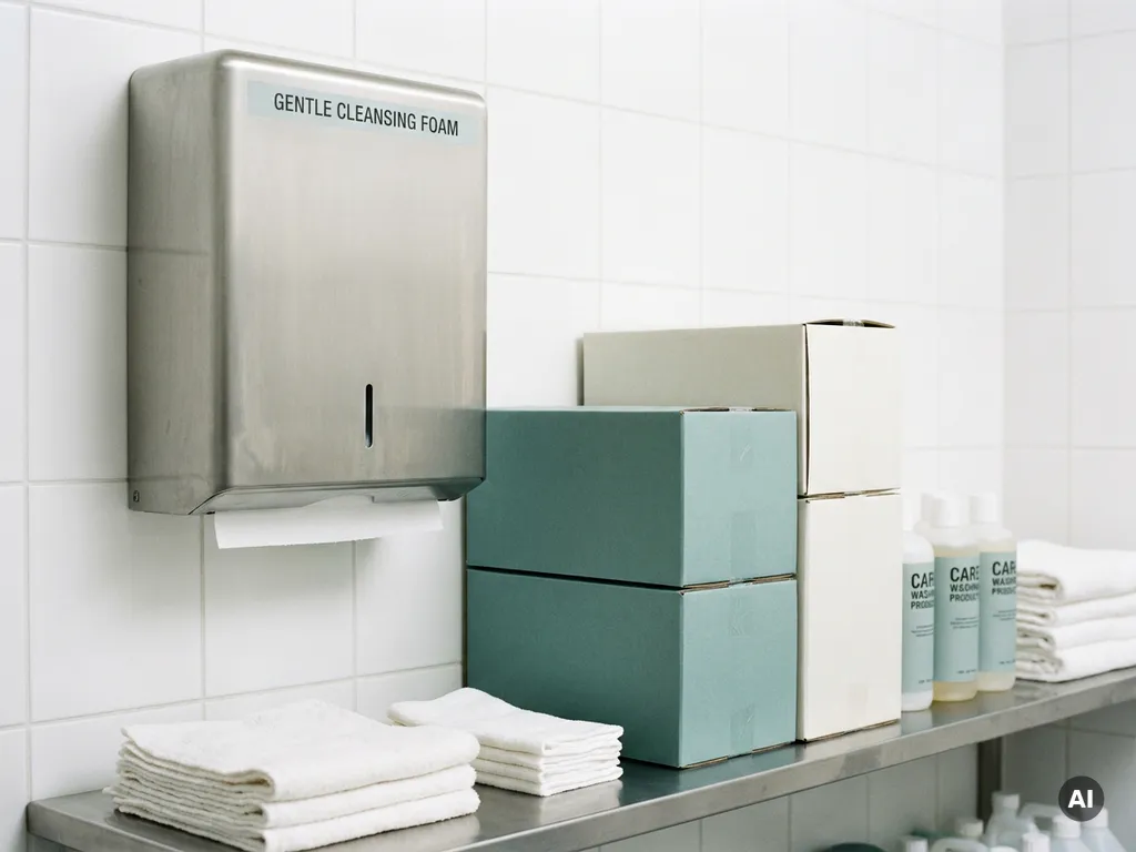 Professionele schuimdispenser op klinische muur, omgeven door bulkverpakkingen verzorgingsproducten en gevouwen witte handdoeken op roestvrijstalen plank.