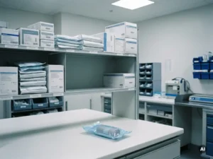 Ziekenhuisopslagrek met lege plek tussen steriele medische verpakkingen, met een alternatieve wegwerpzak op het aanrecht ernaast.