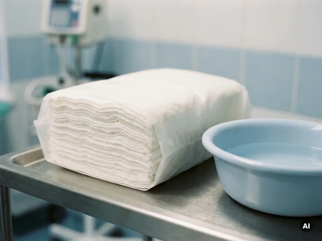 Stapel wegwerp-washandjes in witte verpakking op een roestvrijstalen ziekenhuisbakje naast een kom water.