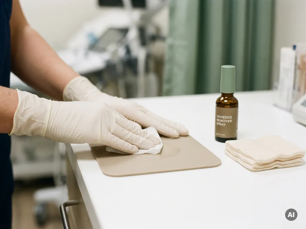 Gehandschoende handen die een siliconen huidoppervlak reinigen met een kleefstofverwijderaar, gaas en sprayfles op klinisch werkblad.