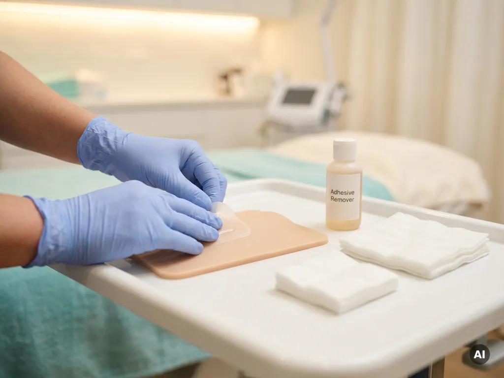 Gehandschoende handen die een adhesieve waferpleister aanbrengen op huid, met verwijderingsspray en gaasjes op een klinisch dienblad.